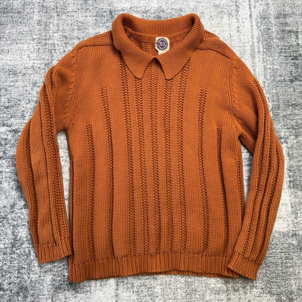 Vintage Saks Fifth Avenue Sweater Polo Adult Small Orange Chunky Knit Ribbed 80s